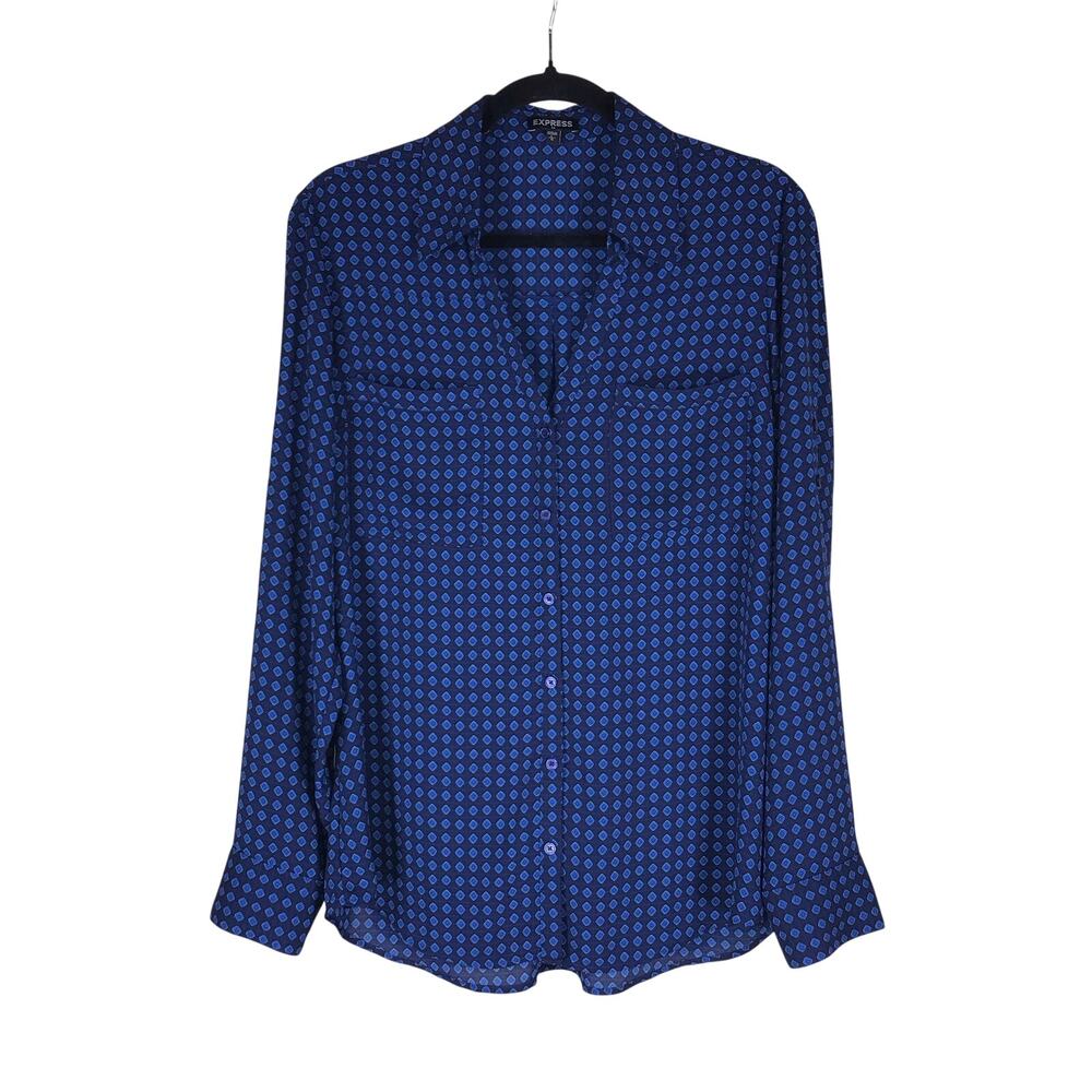 Express Shirt Women’s Large Blue Geometric Diamond Button Down Business Work